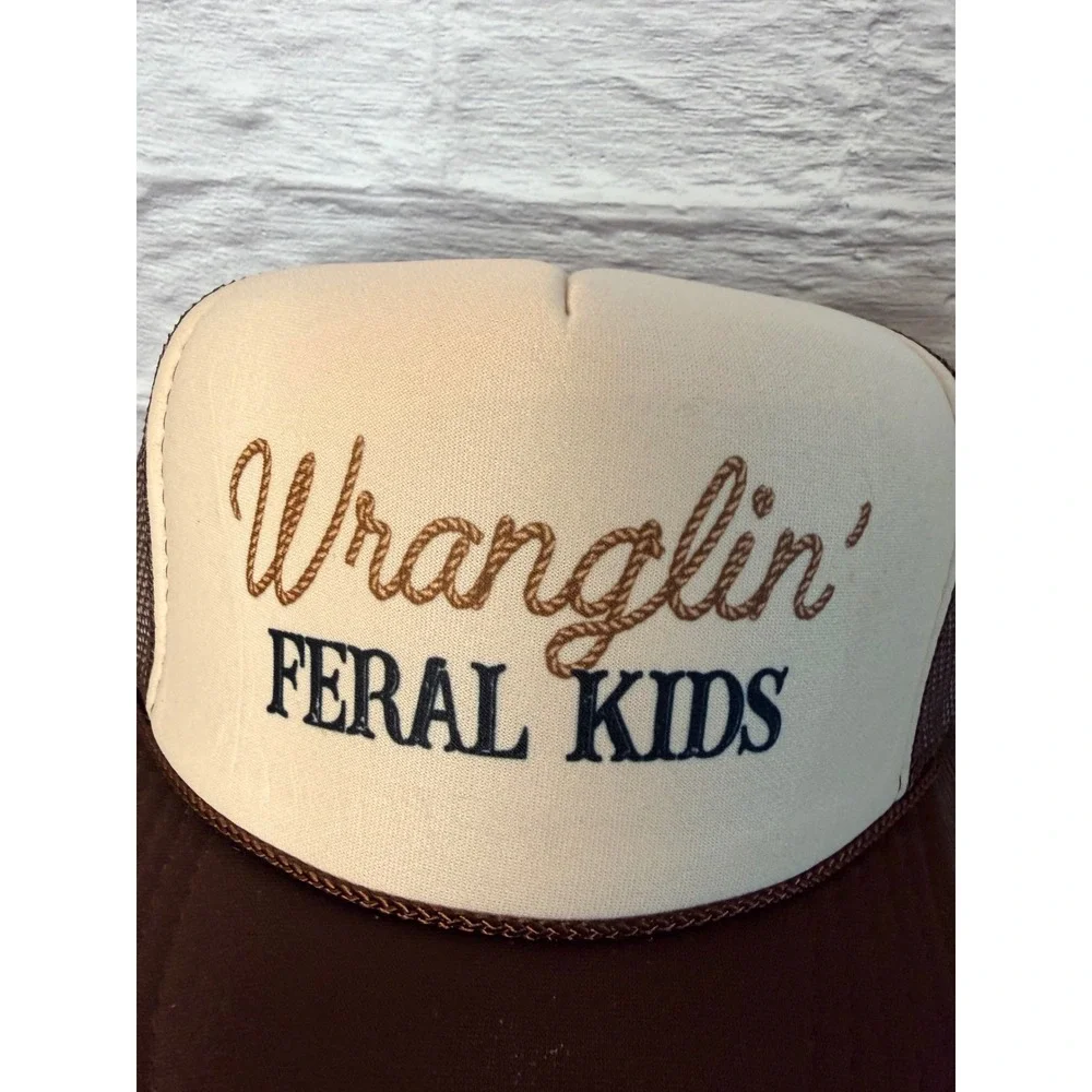 Wranglin Feral Kids Trucker Hat Brown Cream Mesh Snapback Western Baseball Cap